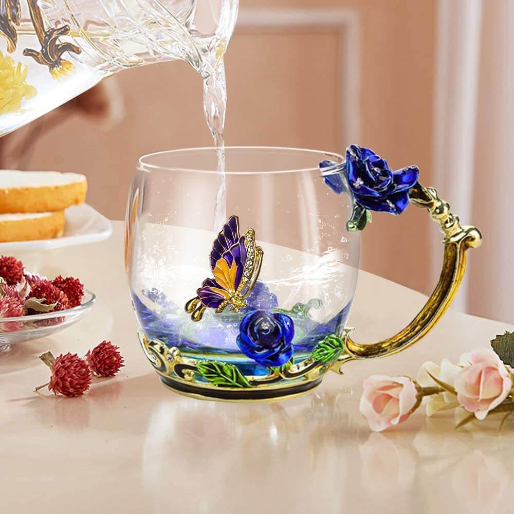 Taza de Cristal de Rosa Azul de Lujo