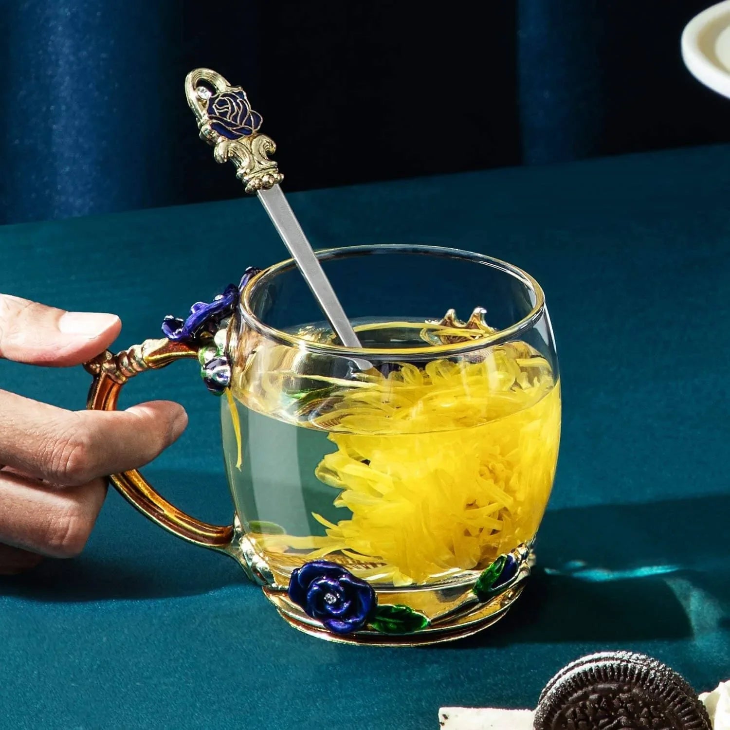 Taza de Cristal de Rosa Azul de Lujo