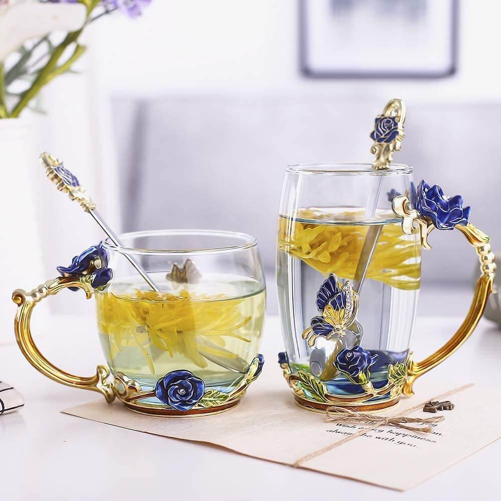 Taza de Cristal de Rosa Azul de Lujo