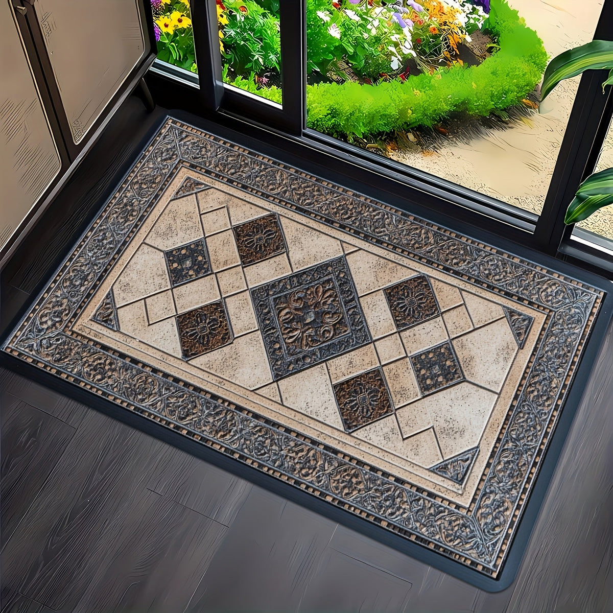 STYLEHAVEN - Alfombrilla de Entrada Lavable a Máquina con Borde Geométrico