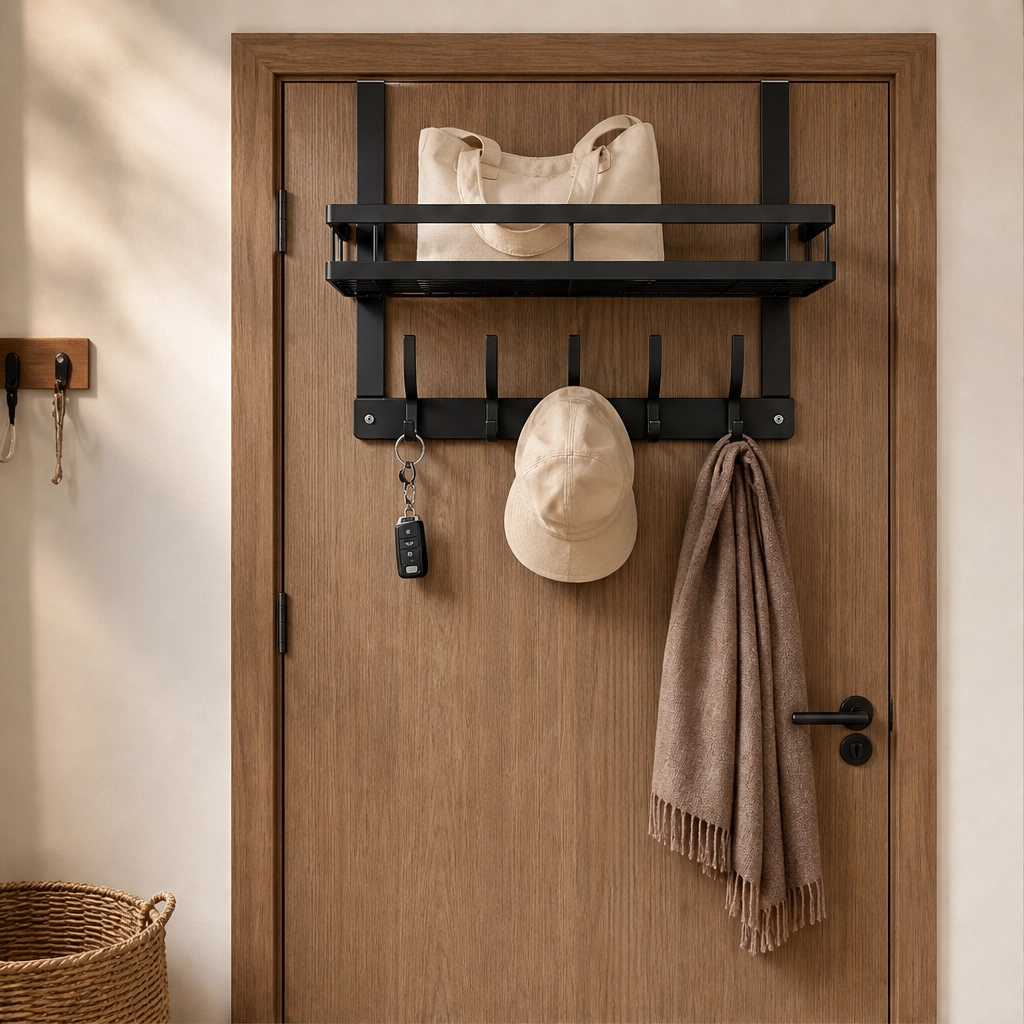 Perchero de Puerta con Cesta de Almacenamiento de Acero al Carbono