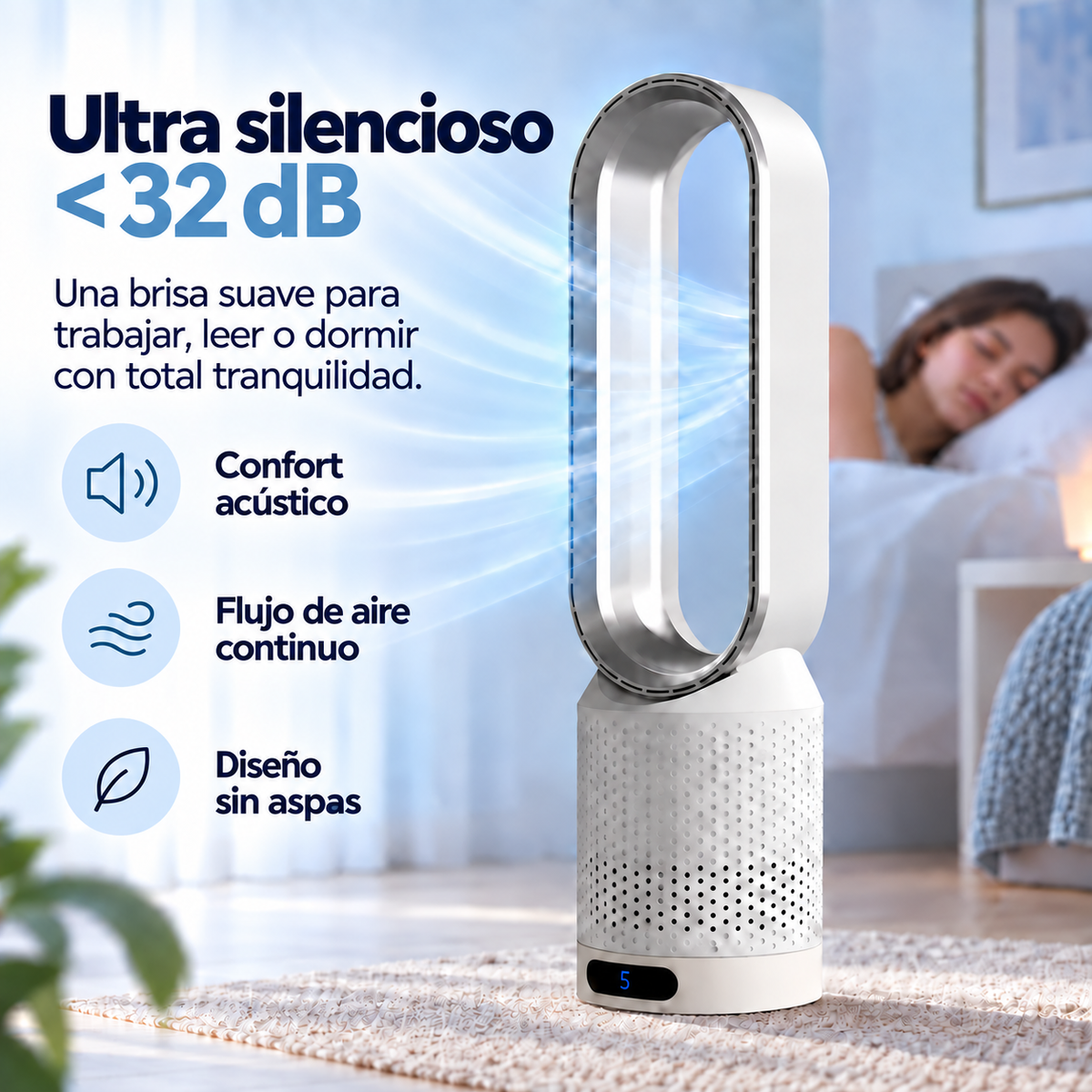 AirPure – Ventilador de torre sin aspas (< 32 dB)