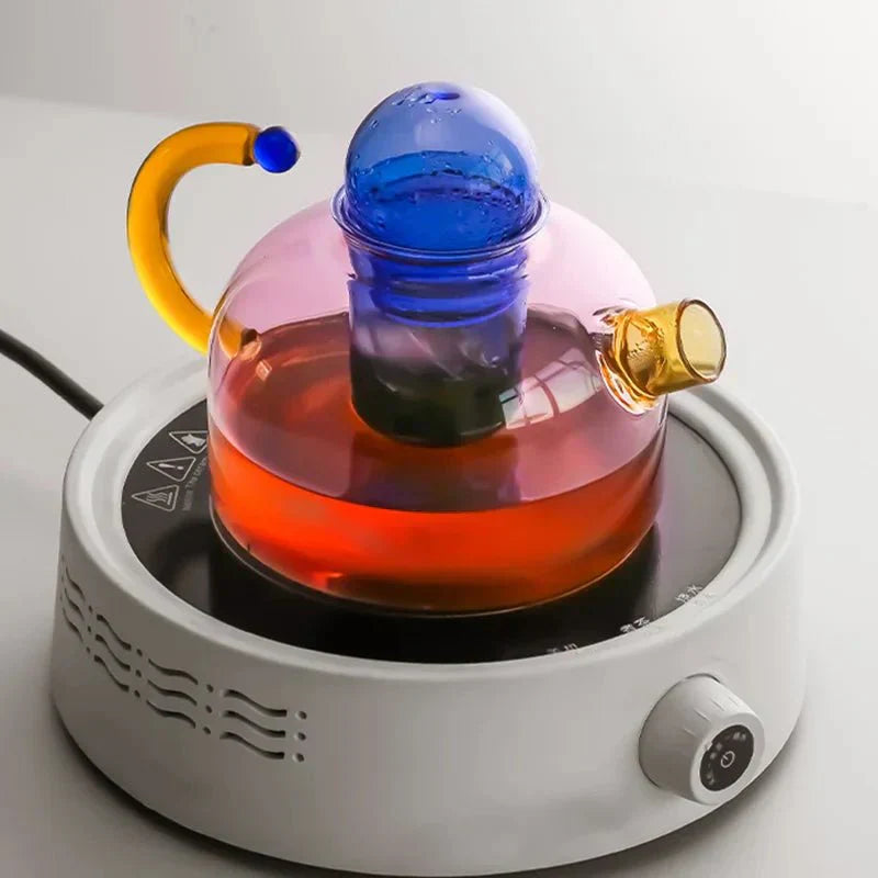 PrismBrew | Elegante tetera y tazas translúcidas - colores contrastantes para una infusión con estilo