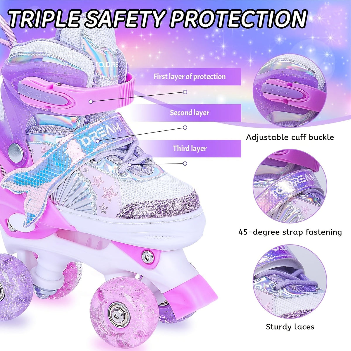 Patines Ajustables para Niños – Patrón de Estrellas Brillantes con Ruedas Centelleantes