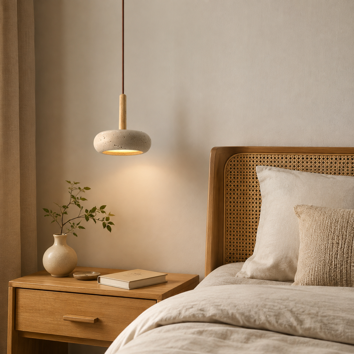 Lámpara Retro Japonesa LED | TranquilHalo | Altura de Suspensión Ajustable | Piedra de Cueva Amarilla & Madera | Ø 15cm Colgante | Max 2m Cable | Montaje Sencillo | Diseño Relajante