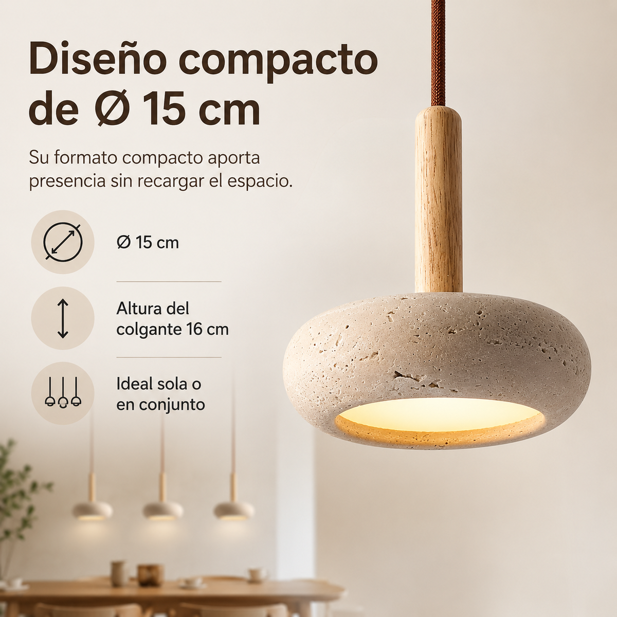 Lámpara Retro Japonesa LED | TranquilHalo | Altura de Suspensión Ajustable | Piedra de Cueva Amarilla & Madera | Ø 15cm Colgante | Max 2m Cable | Montaje Sencillo | Diseño Relajante