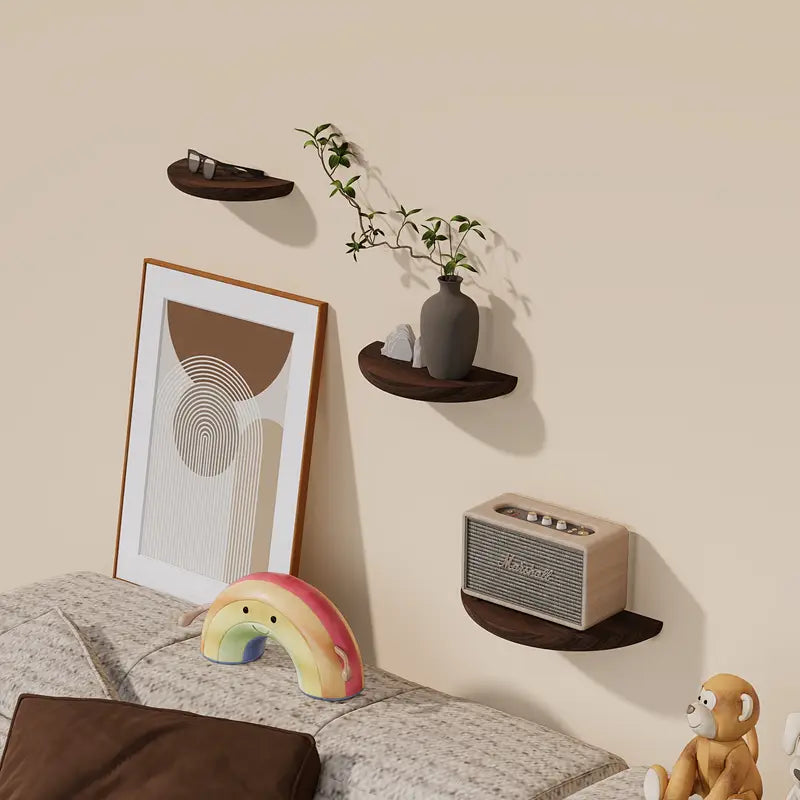 Estante Flotante de Madera en Forma de Media Luna - Exhibición Moderna Montada en la Pared para el Hogar y el Baño