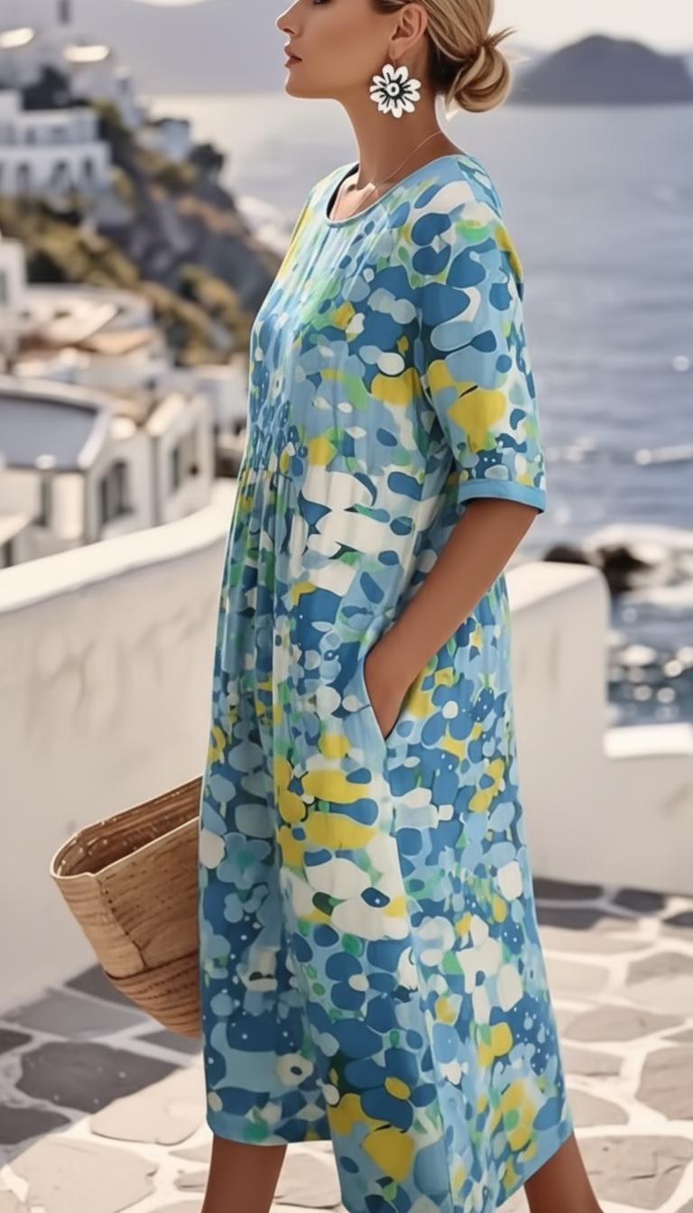 Vestido midi para damas con estampado abstracto y mangas cortas