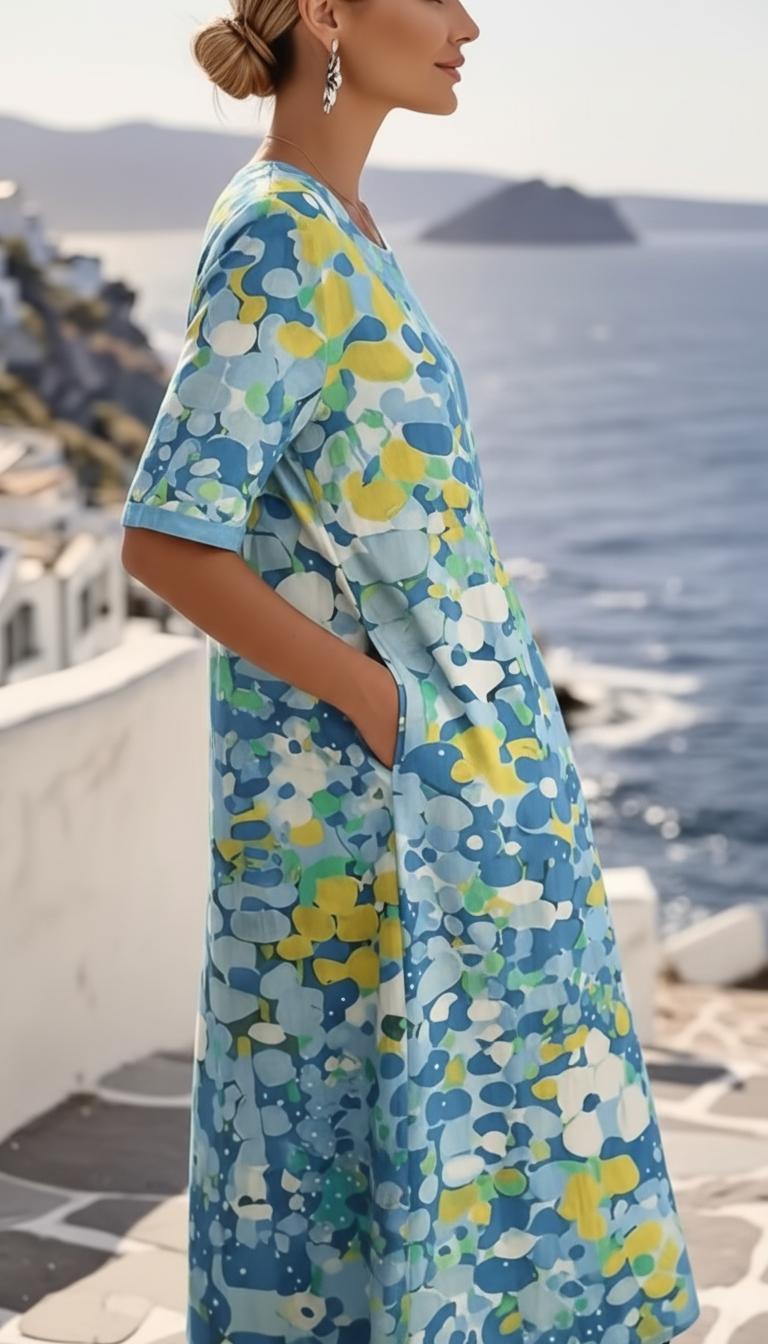Vestido midi para damas con estampado abstracto y mangas cortas