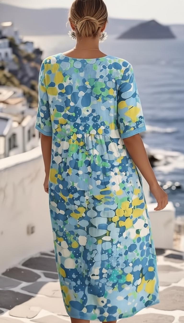 Vestido midi para damas con estampado abstracto y mangas cortas