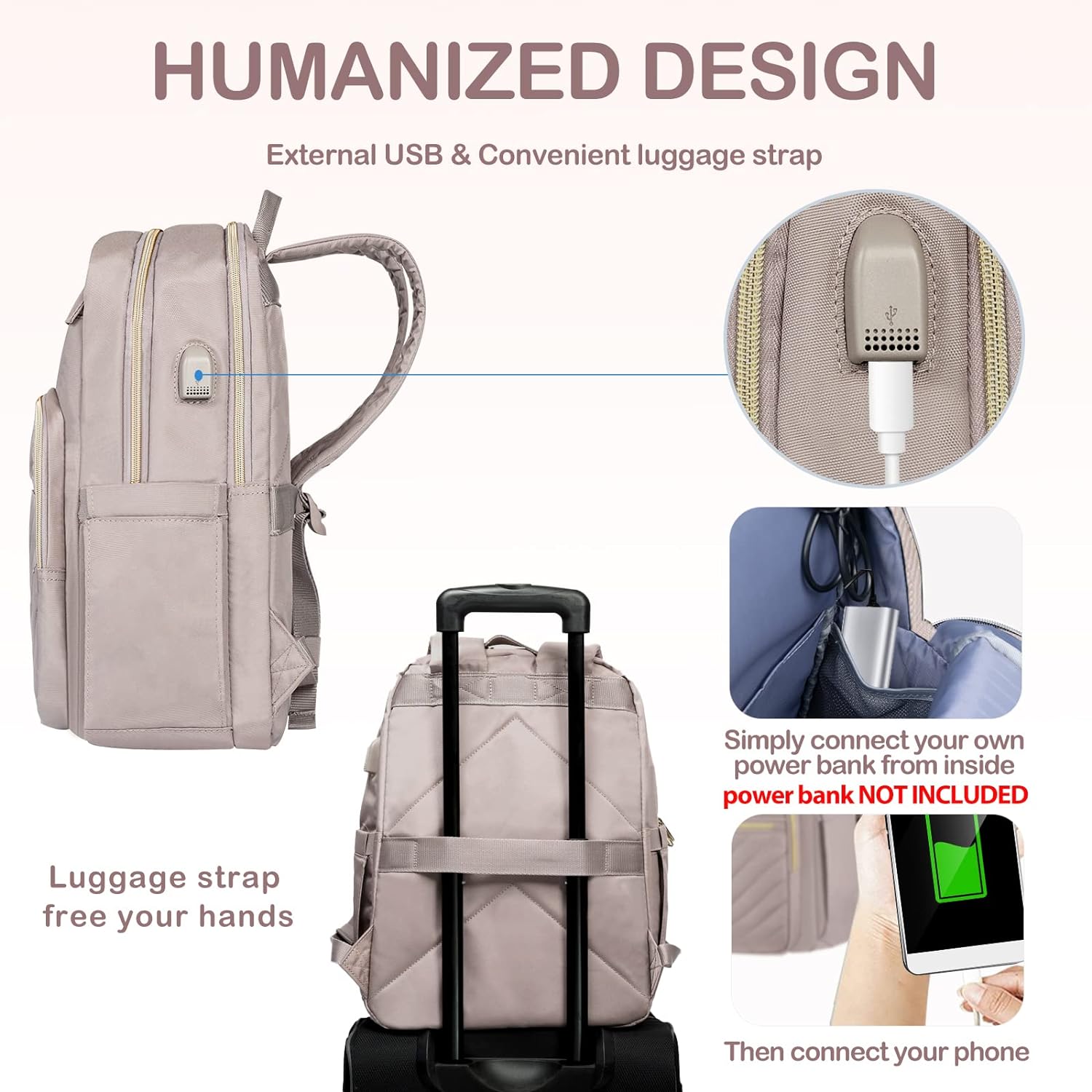 Mochila de Laptop Impermeable Ligera para Damas con Puerto USB