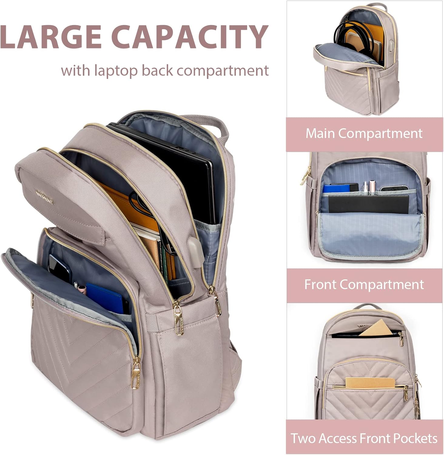 Mochila de Laptop Impermeable Ligera para Damas con Puerto USB