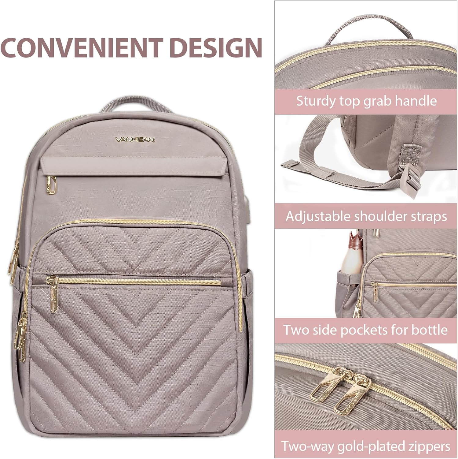 Mochila de Laptop Impermeable Ligera para Damas con Puerto USB
