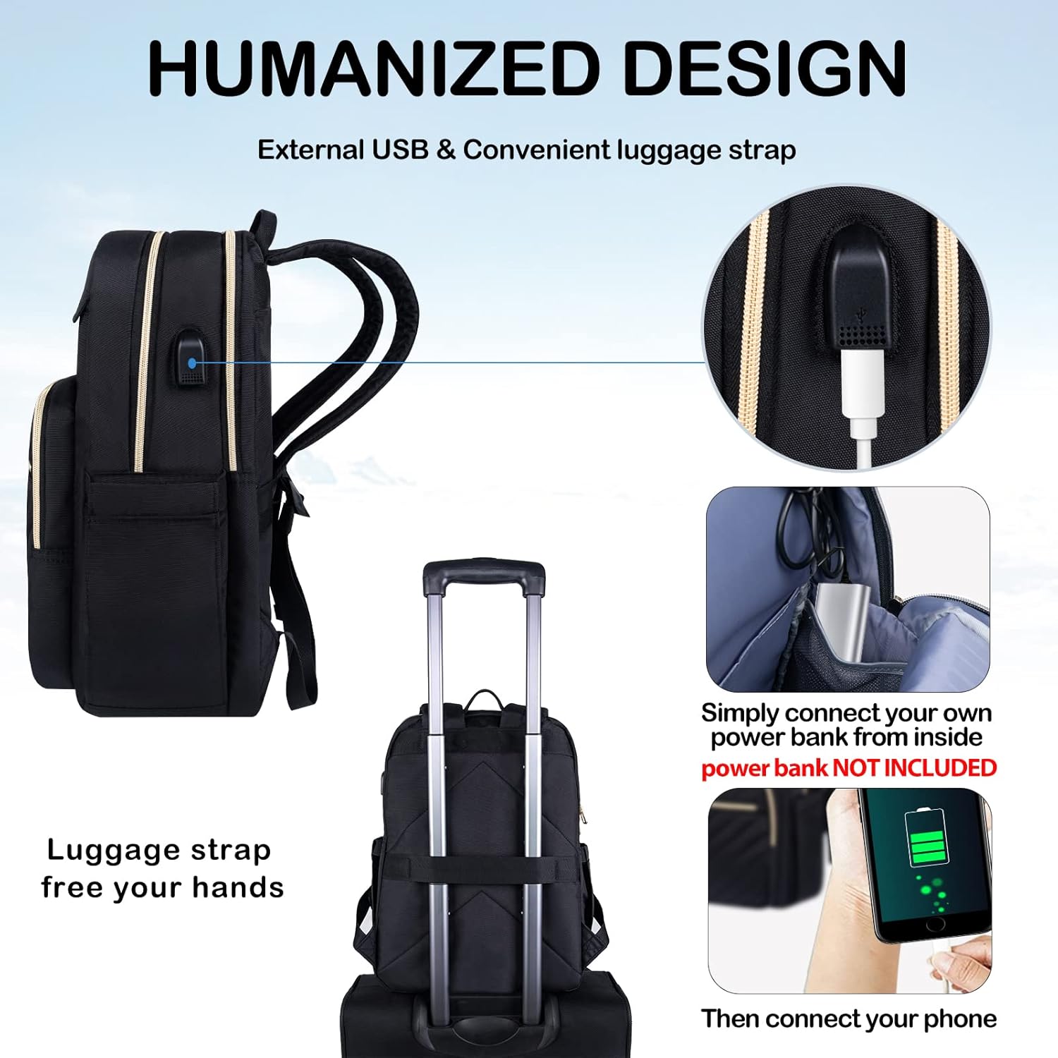 Mochila de Laptop Impermeable Ligera para Damas con Puerto USB