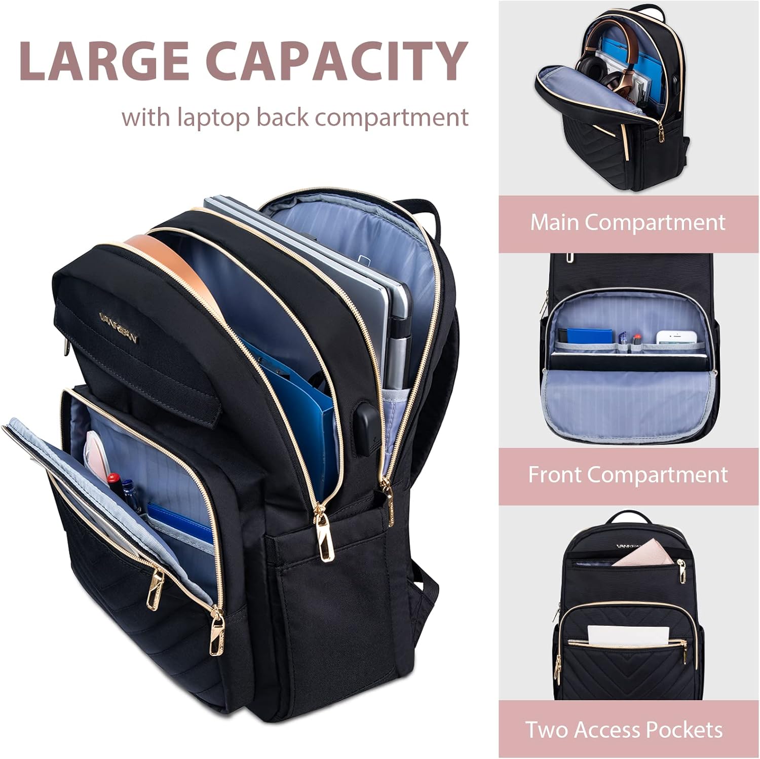Mochila de Laptop Impermeable Ligera para Damas con Puerto USB