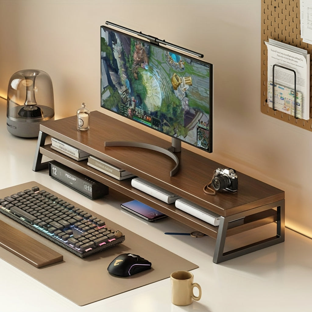 MODERNLIFT - Soporte de Monitor de Madera que Ahorra Espacio con Almacenamiento, Marco de Metal Duradero