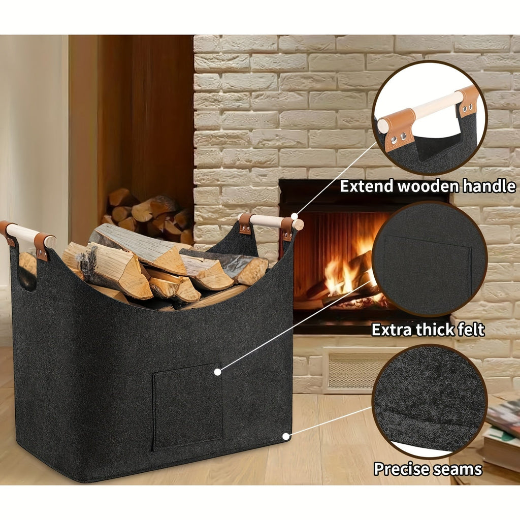 Cesta para leña FELDURA | Plegable | Volumen de 55L | Con asas de madera y detalles de cuero | Gris oscuro