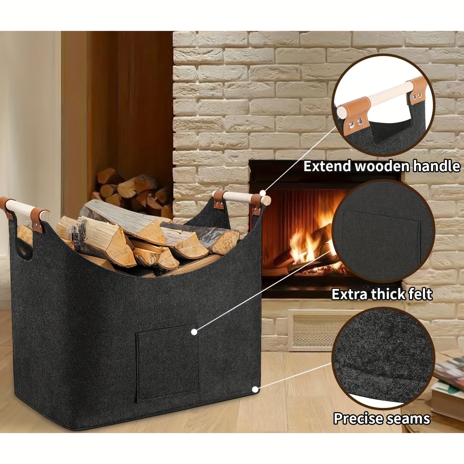 Cesta para leña FELDURA | Plegable | Volumen de 55L | Con asas de madera y detalles de cuero | Gris oscuro