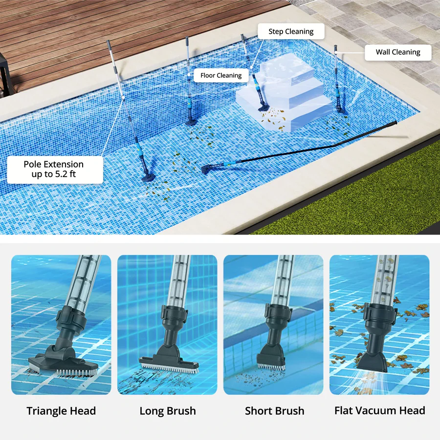 Limpiador de Piscina Inalámbrico, Recargable con Cabezas Intercambiables