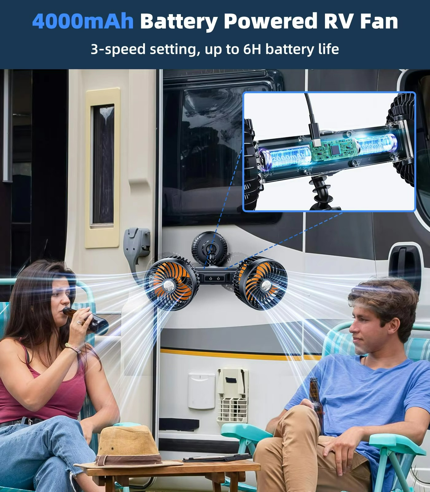 Kalsten | Ventilador de Coche AeroBreeze | Ventilador inalámbrico con batería de 4000 mAh y 3 velocidades