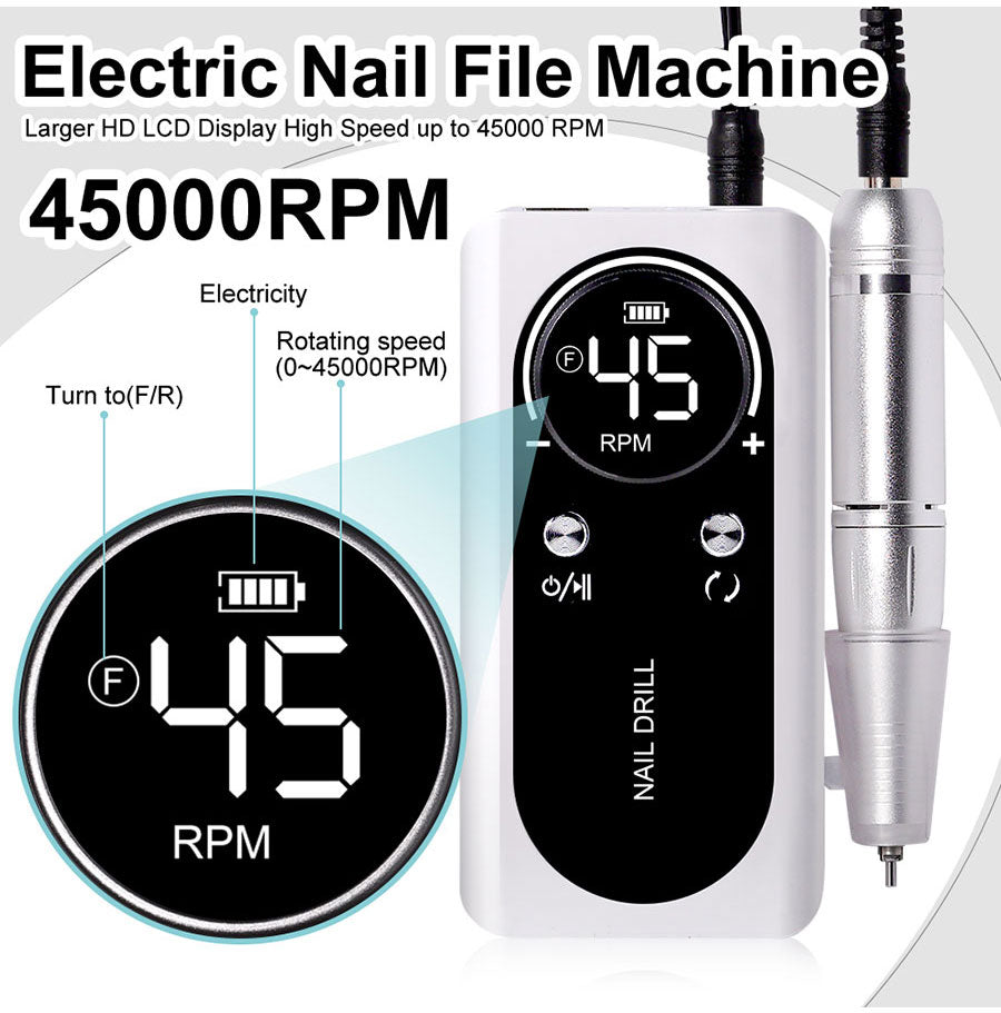 Lima de uñas eléctrica portátil profesional de 45000RPM con batería recargable | Bajo nivel de ruido para manicura