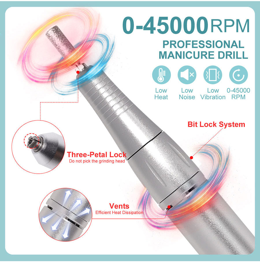 Lima de uñas eléctrica portátil profesional de 45000RPM con batería recargable | Bajo nivel de ruido para manicura