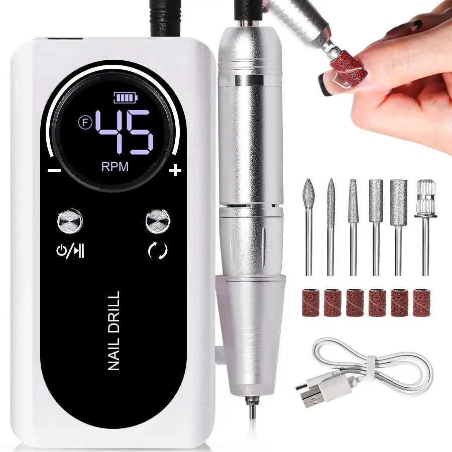 Lima de uñas eléctrica portátil profesional de 45000RPM con batería recargable | Bajo nivel de ruido para manicura