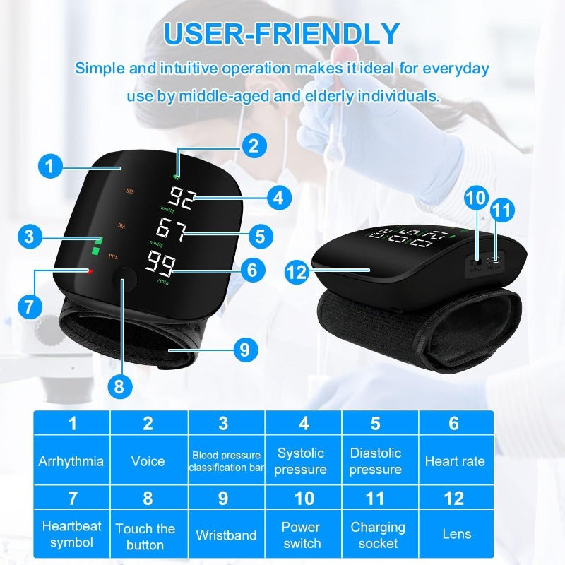 Monitor de Presión Arterial de Muñeca Recargable por USB-C Bowlift