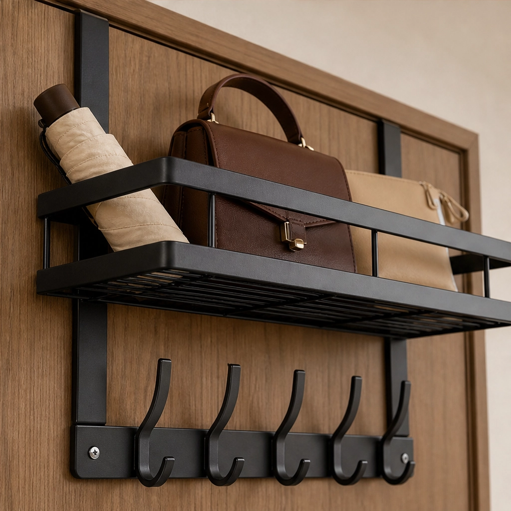 Perchero de Puerta con Cesta de Almacenamiento de Acero al Carbono