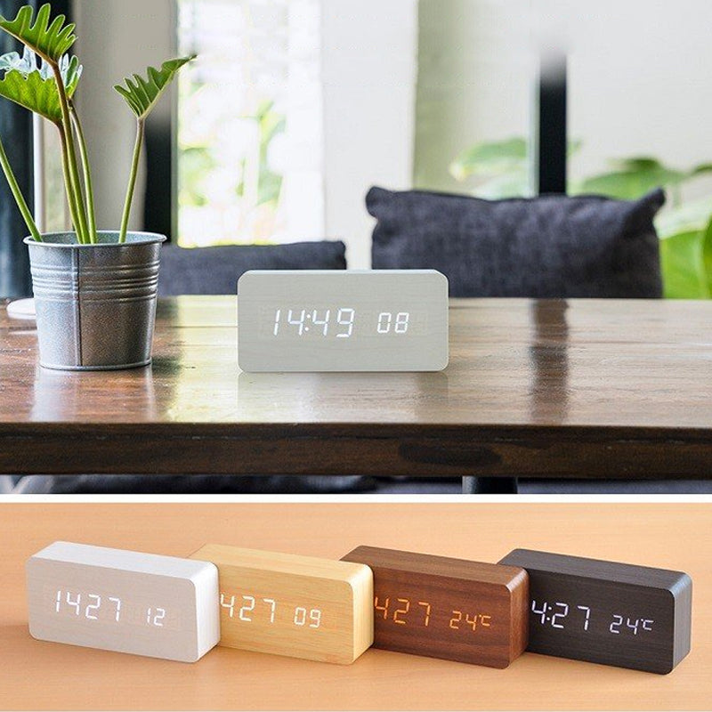 Reloj de Madera LED con Control de Voz y Control de Sonido