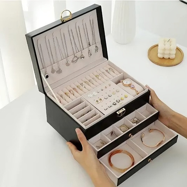Organizador de Joyas de Lujo de Múltiples Capas – Caja de Almacenamiento Compacta con Cajones y Cerradura