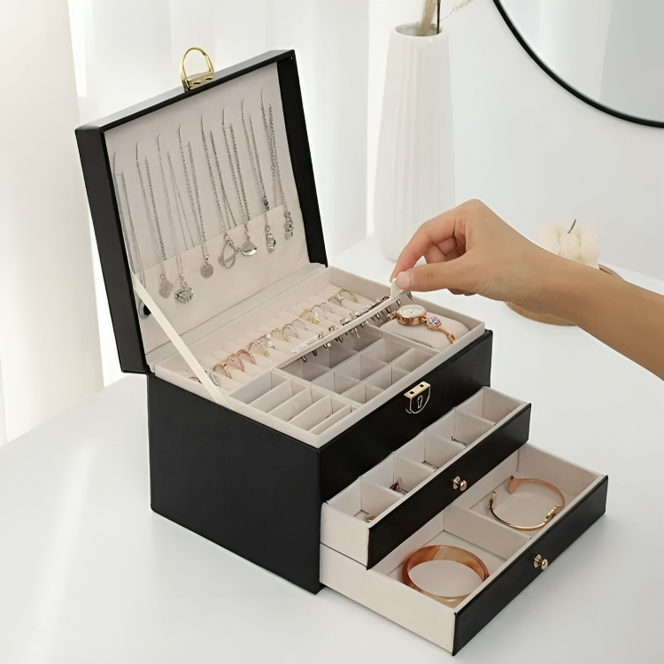Organizador de Joyas de Lujo de Múltiples Capas – Caja de Almacenamiento Compacta con Cajones y Cerradura