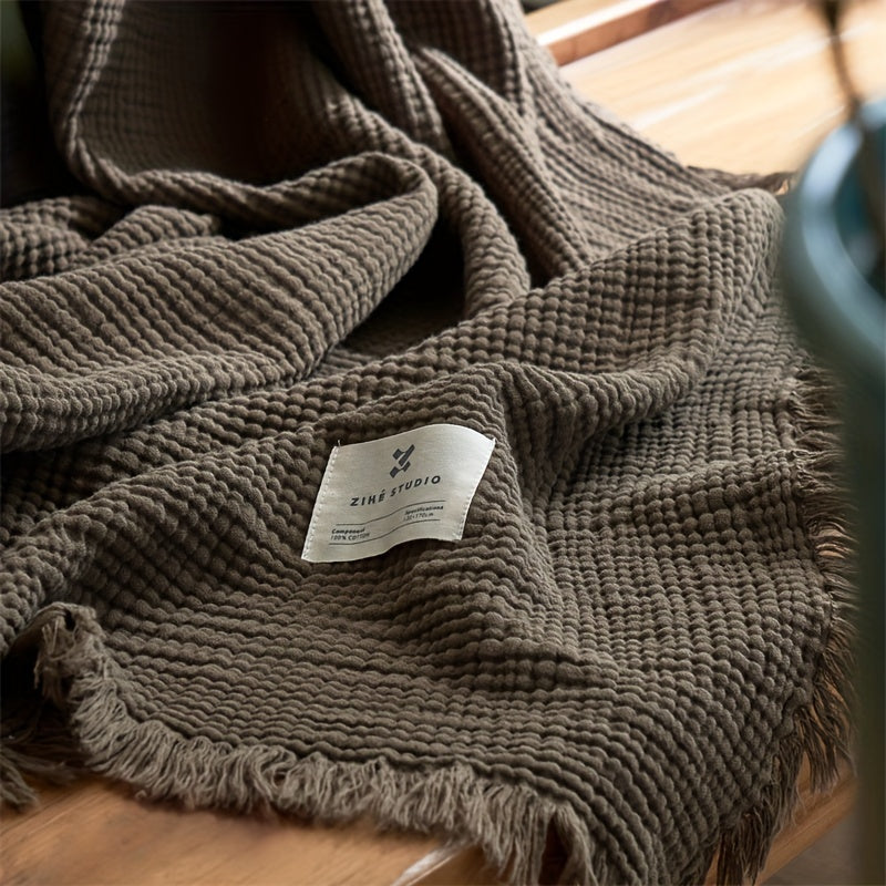 OLIVEBREEZE – Manta de gasa de algodón ligera de 4 capas con flecos elegantes