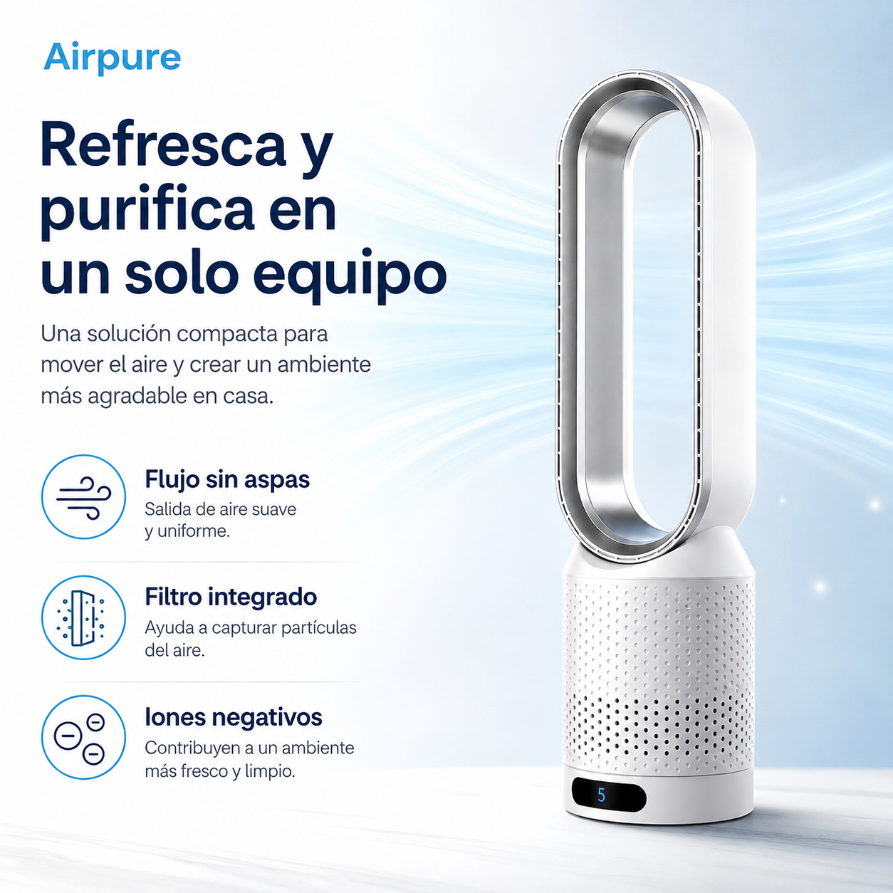 Airpure | Enfriador de aire 3-en-1 con purificador de aire | Oscilación y LED táctil