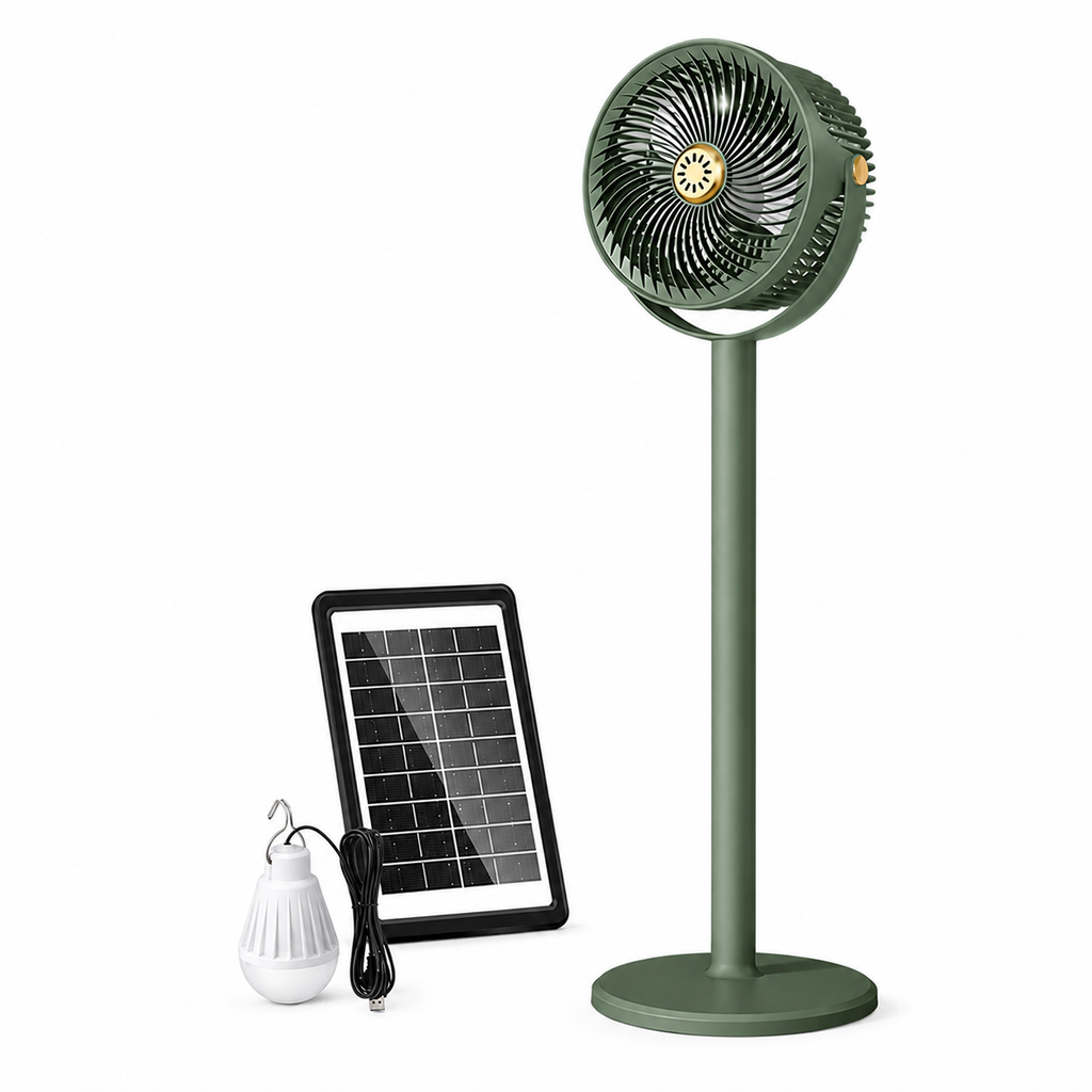 Ventilador de Pie Multifuncional con Energía Solar y Iluminación LED