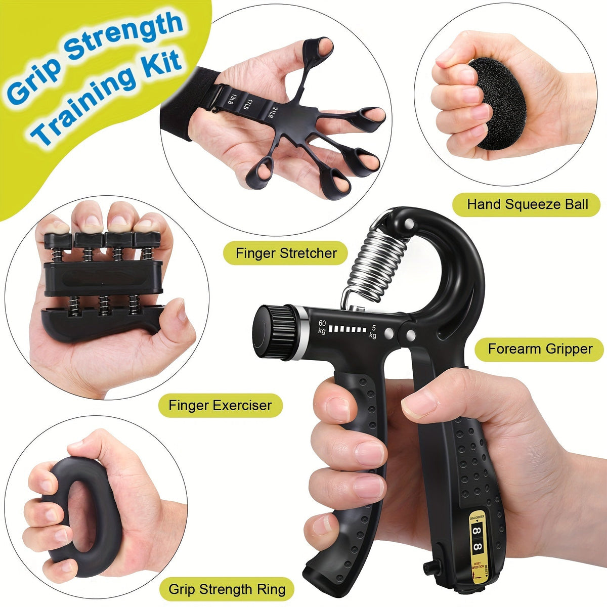 Conjunto de Entrenadores de Mano PowerGrip – 5 en 1 para Manos y Antebrazos Fuertes
