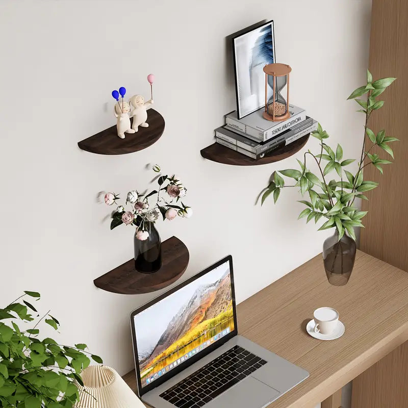 Estante Flotante de Madera en Forma de Media Luna - Exhibición Moderna Montada en la Pared para el Hogar y el Baño