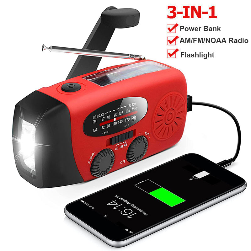 Radio de Emergencia Autopropulsada – Manivela, Solar, Linterna y Powerbank – Radio FM/AM, Indispensable para Desastres y Emergencias