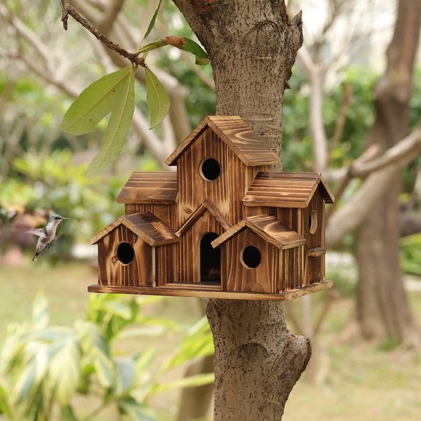 Casa de Aves de Madera Hecha a Mano - 6 Entradas - Diseño Sostenible