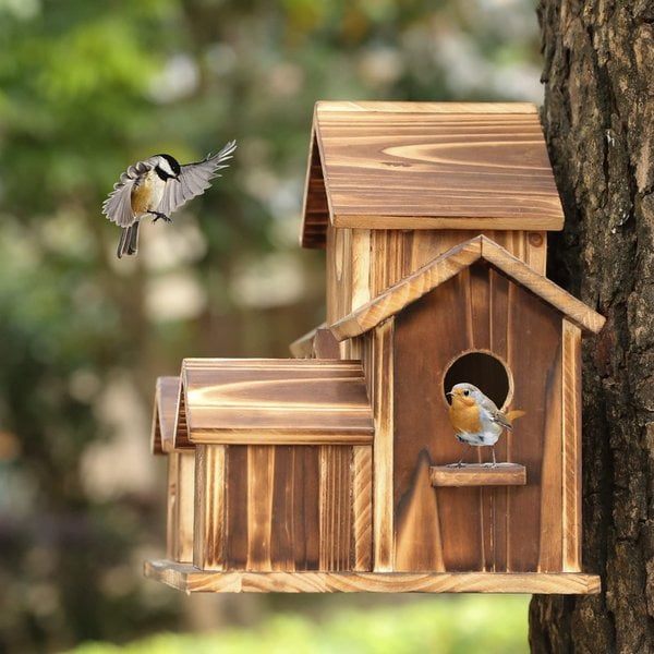Casa de Aves de Madera Hecha a Mano - 6 Entradas - Diseño Sostenible