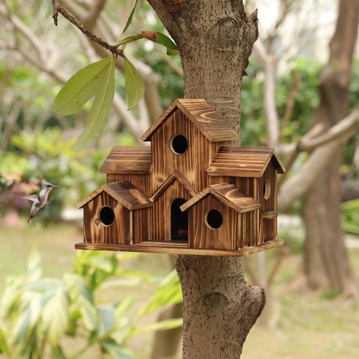 Casa de Aves de Madera Hecha a Mano - 6 Entradas - Diseño Sostenible