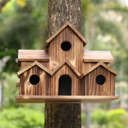 Casa de Aves de Madera Hecha a Mano - 6 Entradas - Diseño Sostenible