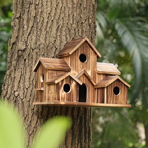 Casa de Aves de Madera Hecha a Mano - 6 Entradas - Diseño Sostenible
