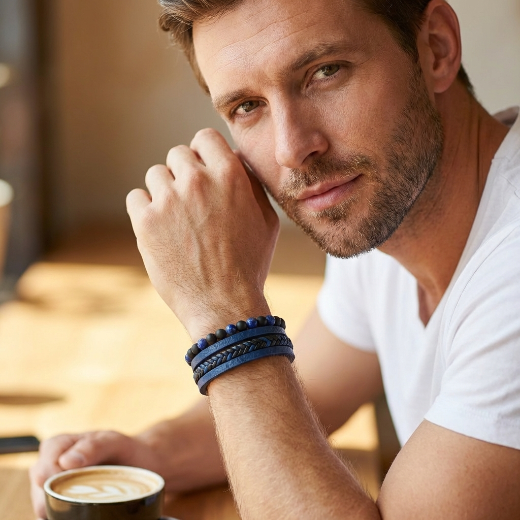 Pulsera de cuero estratificada y cuentas de piedra