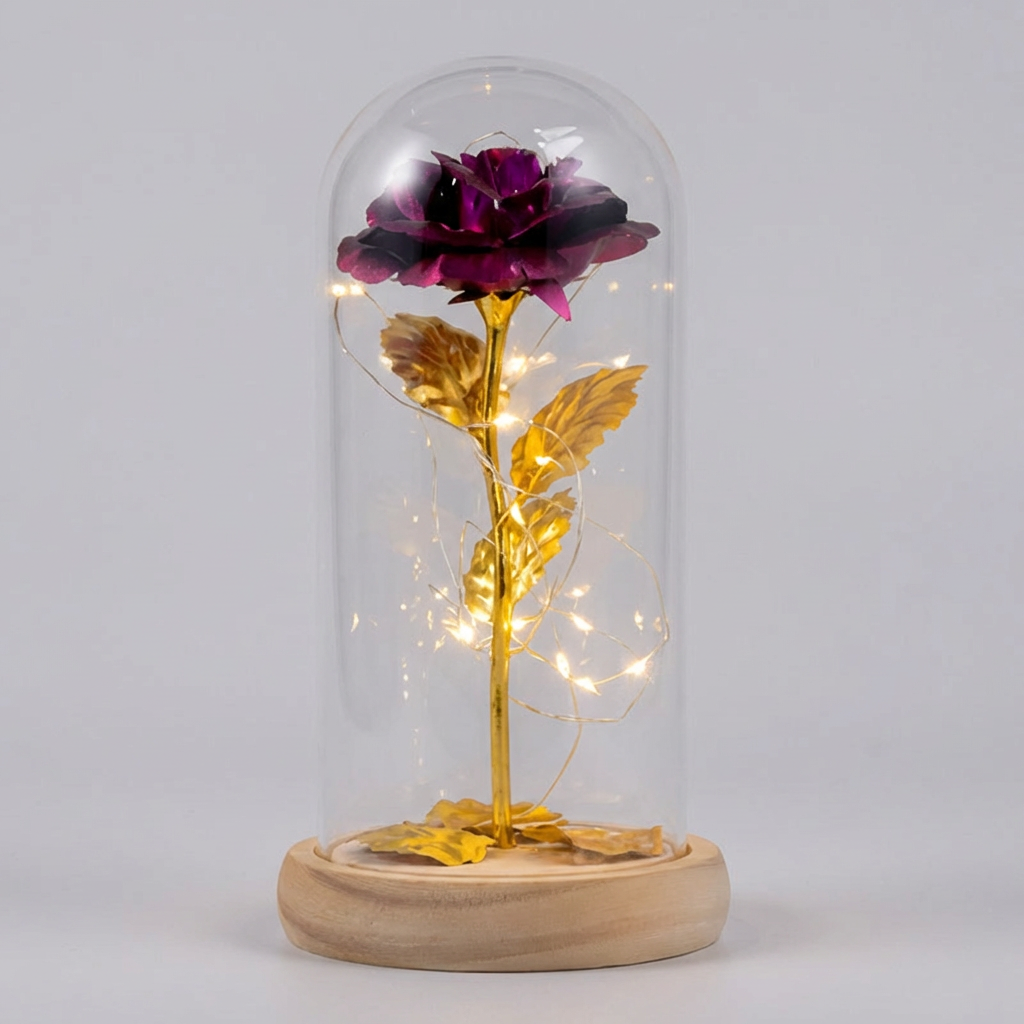 Rosa eterna con luz LED en cúpula de vidrio