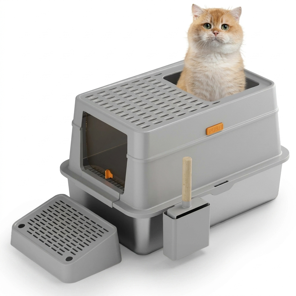 Caja de arena cerrada para gatos de acero inoxidable