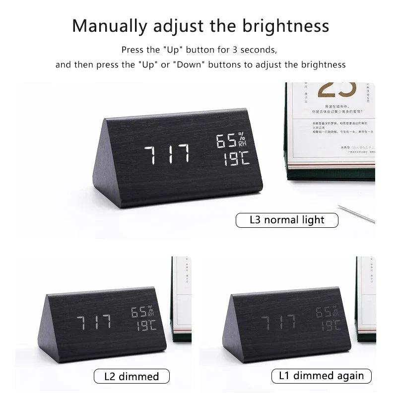 Reloj Despertador - Pantalla LED de Madera - Control por Voz y Temperatura