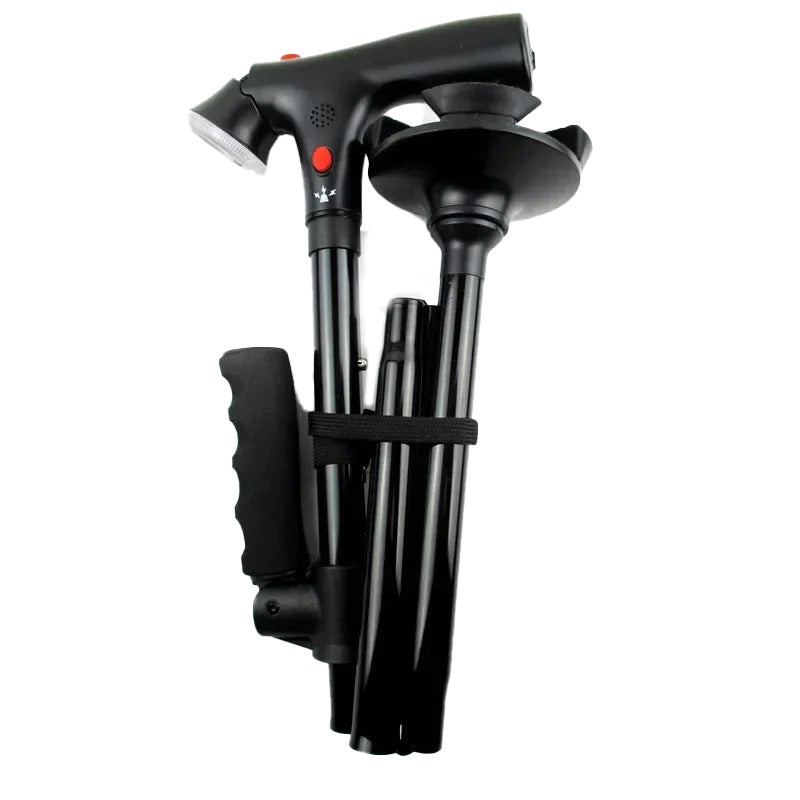Bastón plegable con doble empuñadura, alarma y luz