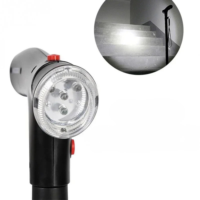 Bastón plegable con doble empuñadura, alarma y luz