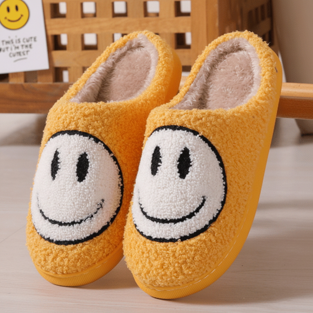 FLUFFYSMILE – Zapatillas de casa cálidas y suaves con Smiley y suela de silicona gruesa